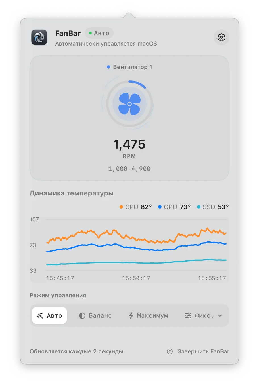 Окно FanBar в строке меню